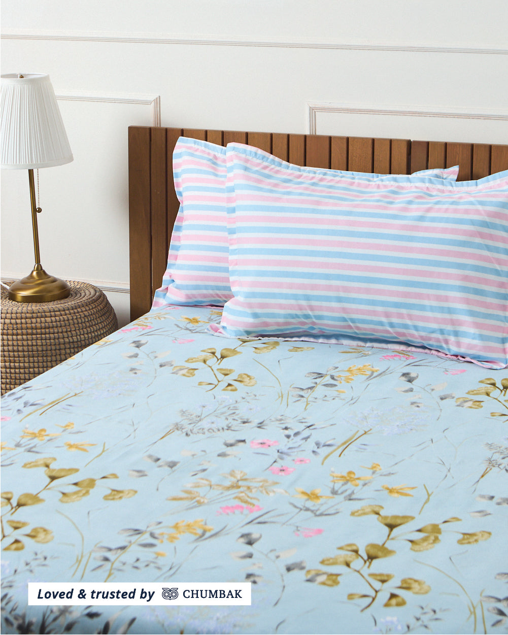 Tiny Bloom, Sky Blue -  Queen Size Bedsheet Polycotton