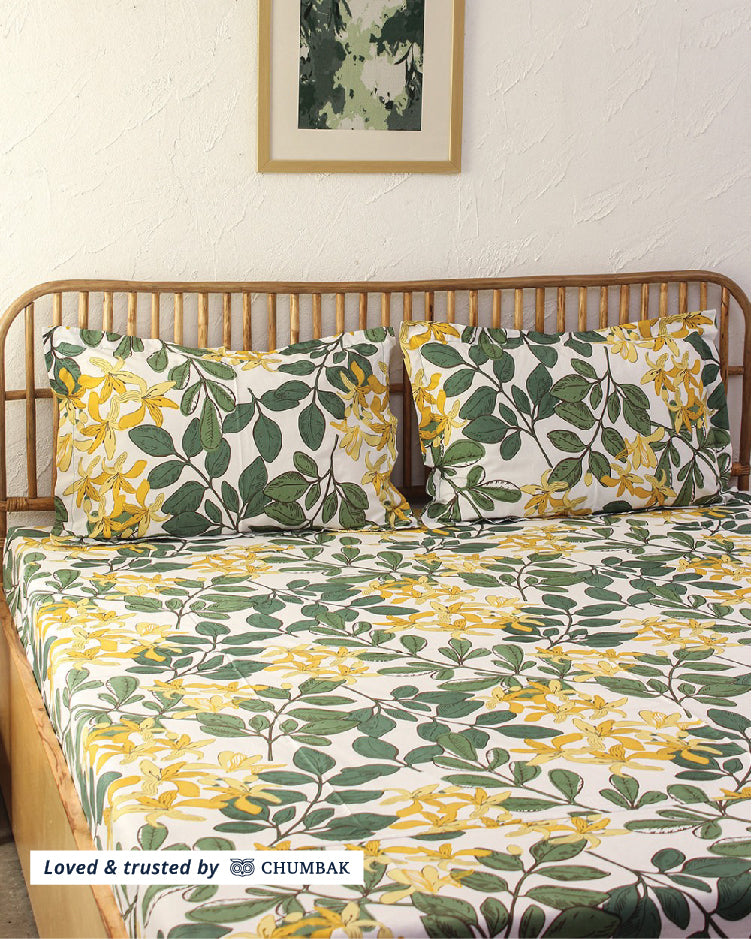 Moringa, Green - Queen Size Bedsheet Set