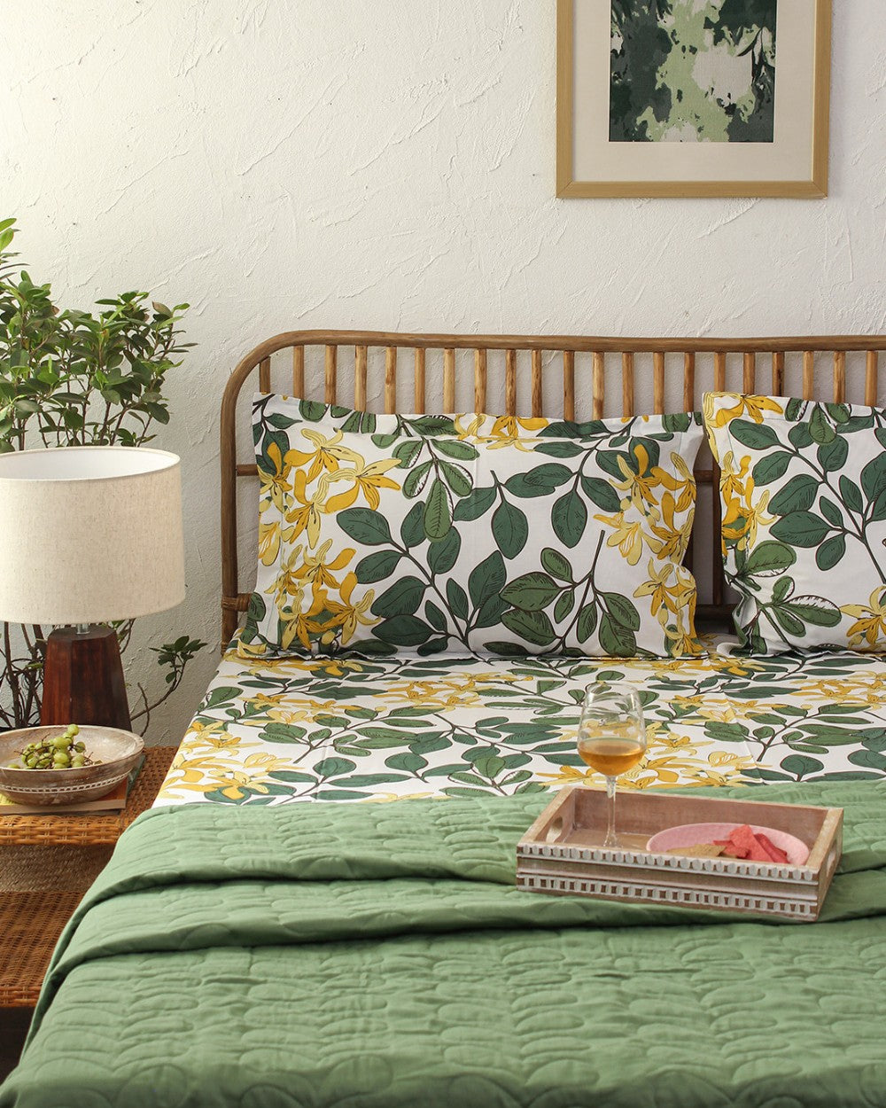 Moringa, Green - Queen Size Bedsheet Set 180TC