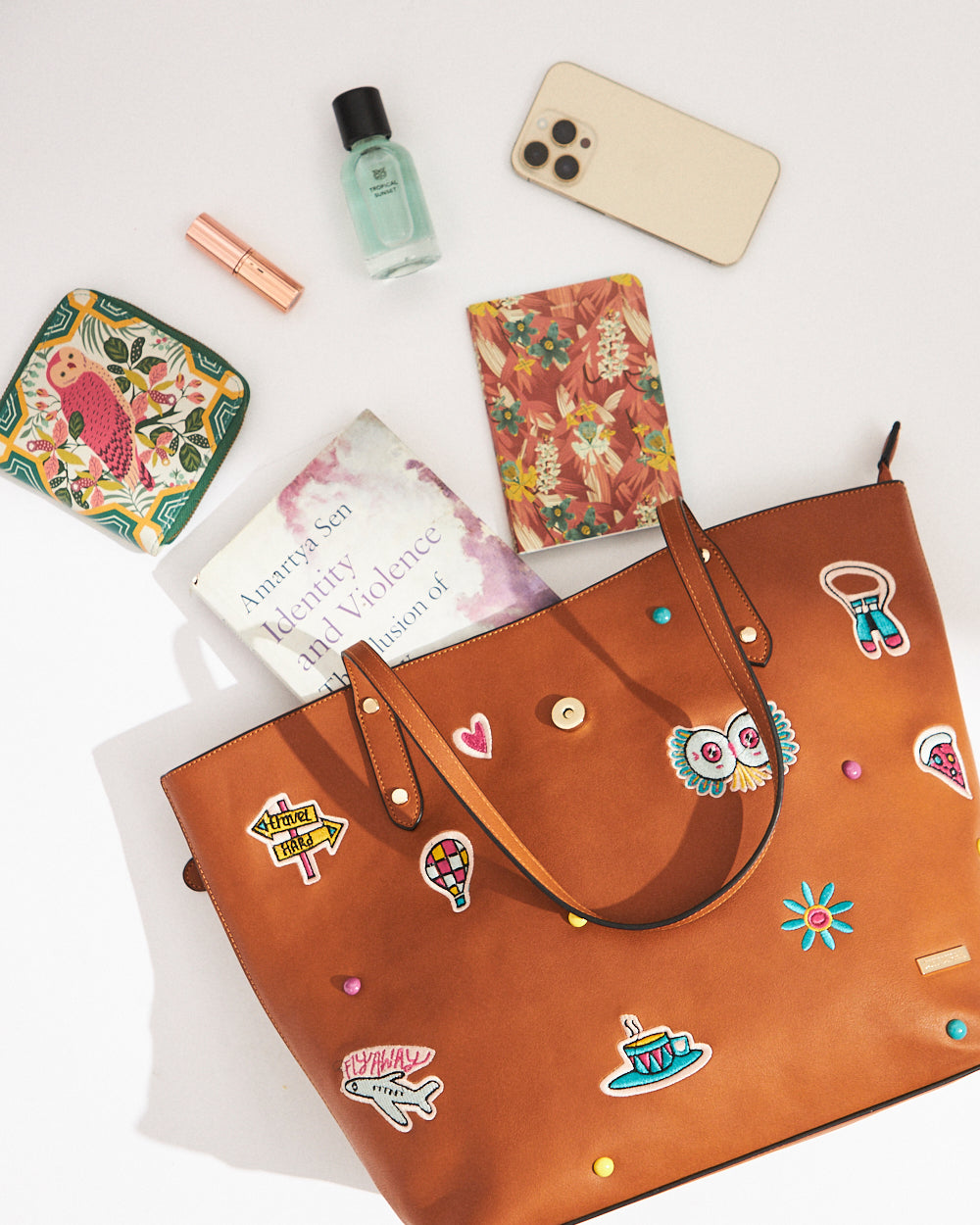 Embroidered Tote | Travel Patches - Tan