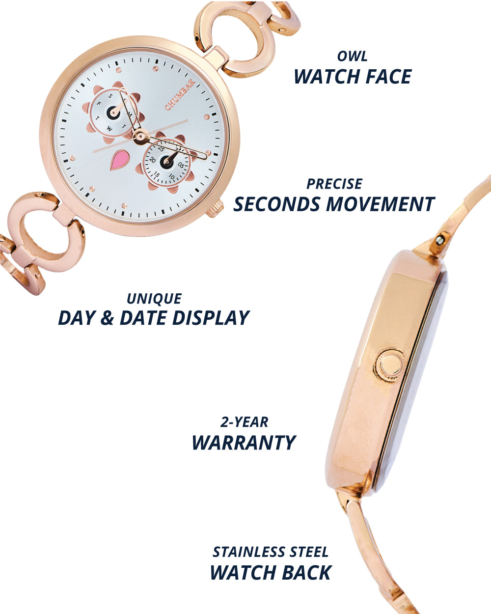 Hoot Metal Bracelet Watch | Rosegold  with Silver Dial