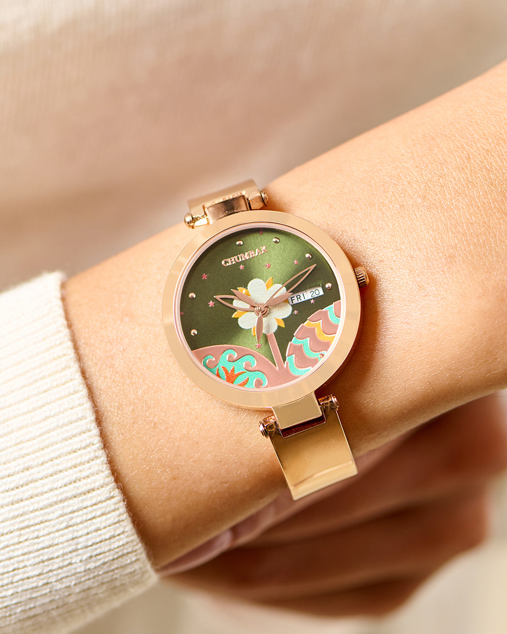 Bloom Metal Watch | Rosegold with Green Dial