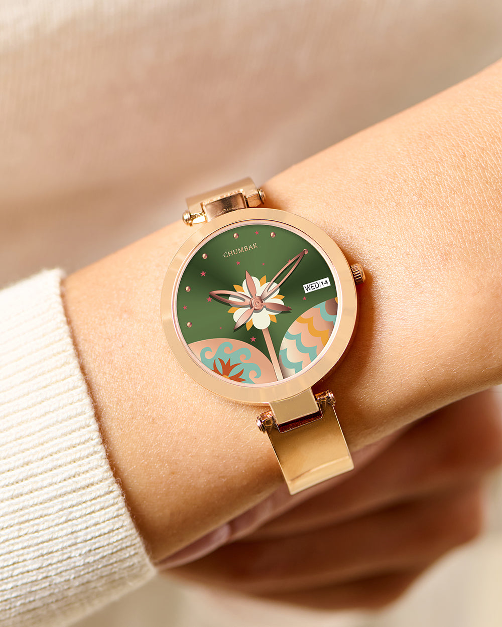 Bloom Metal Watch | Rosegold with Green Dial