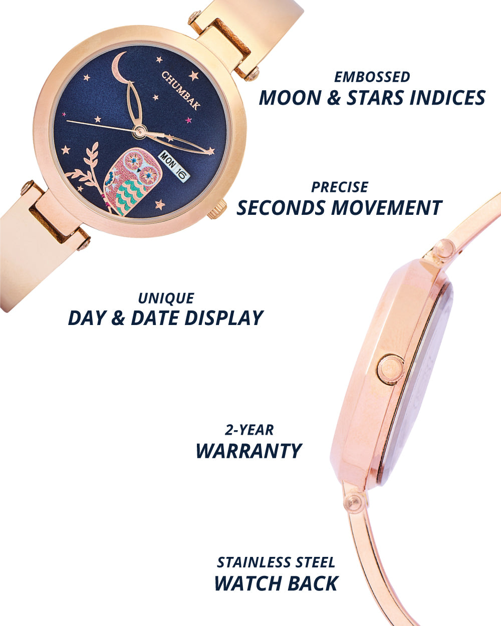 Nocturnal Metal Watch | Rosegold with Navy Dial