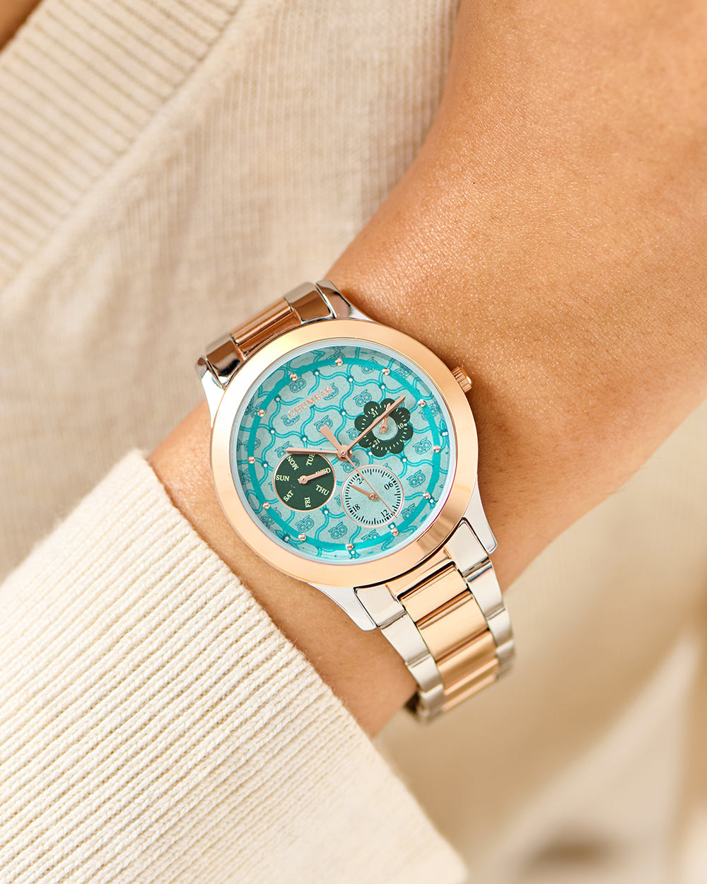 Ocean Owl Monogram Metal Watch | Steel & Rosegold strap with Teal Dial