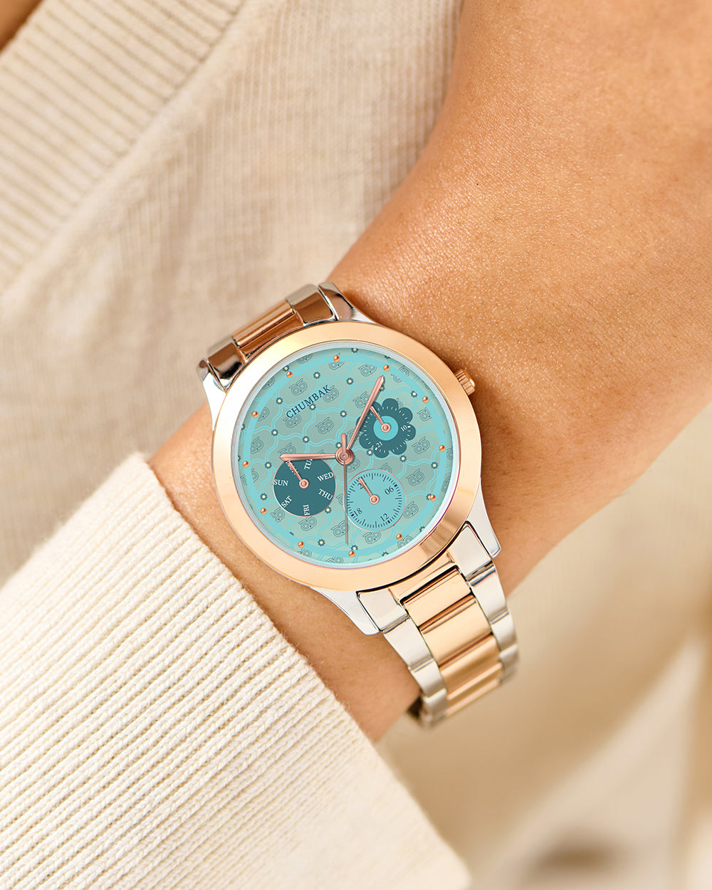 Ocean Owl Monogram Metal Watch | Steel & Rosegold strap with Teal Dial