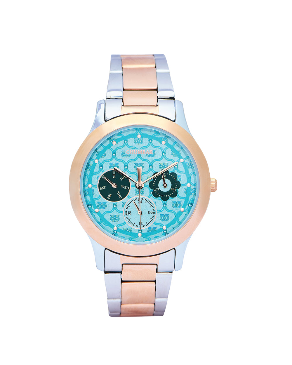 Ocean Owl Monogram Metal Watch | Steel & Rosegold strap with Teal Dial