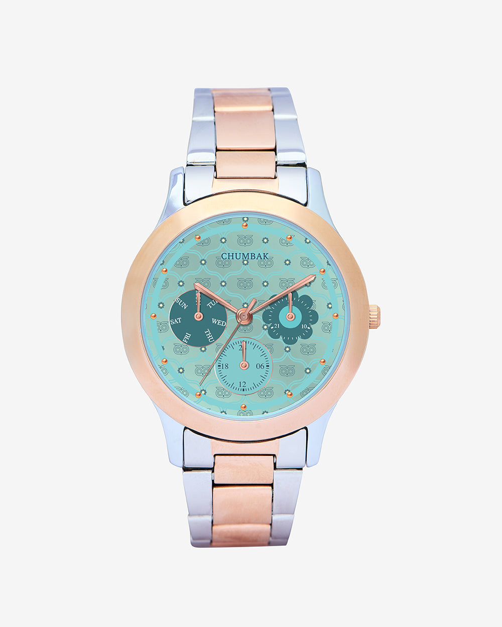 Ocean Owl Monogram Metal Watch | Steel & Rosegold strap with Teal Dial