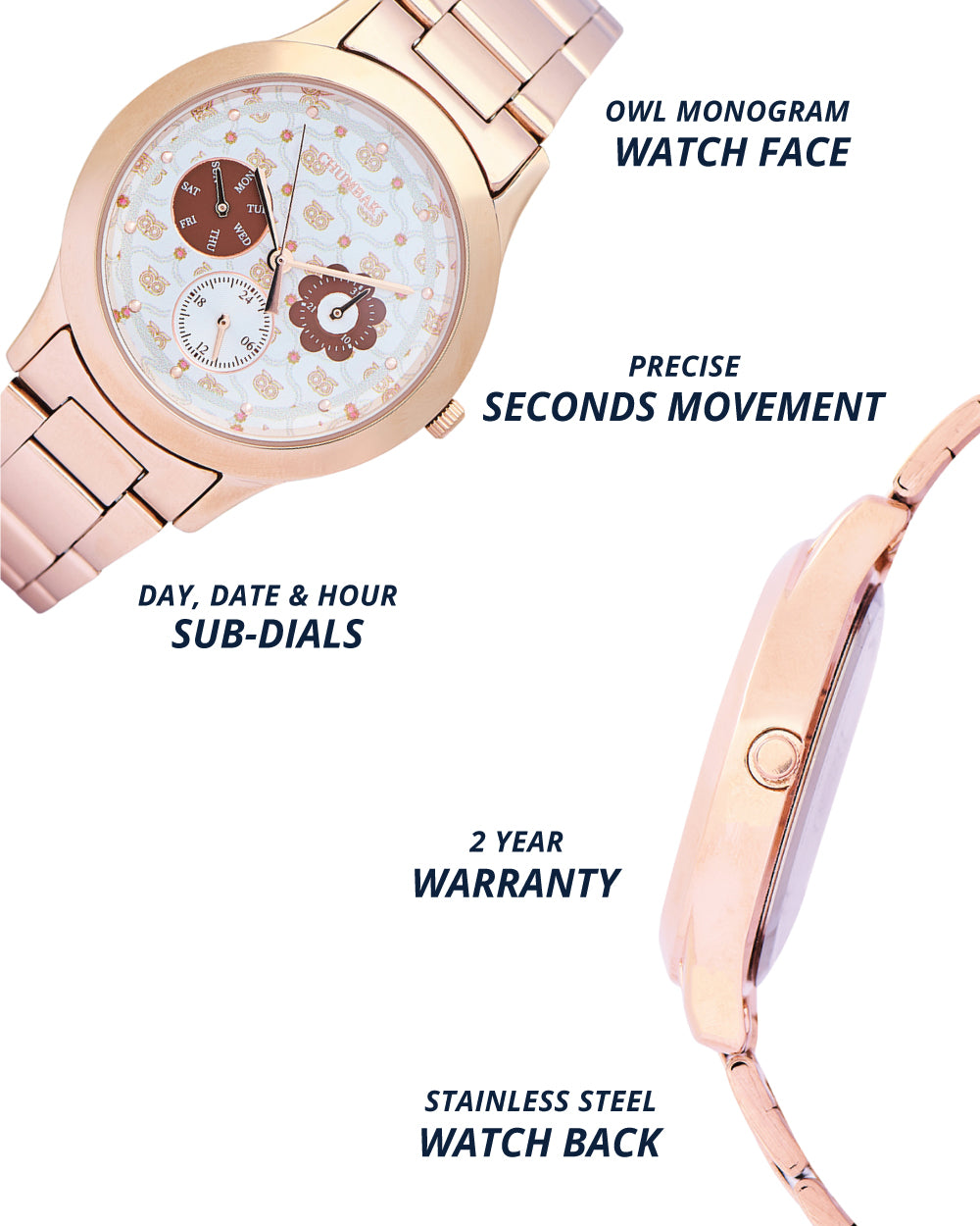 Ivory Owl Monogram Metal Watch | Rosegold with Offwhite Dial