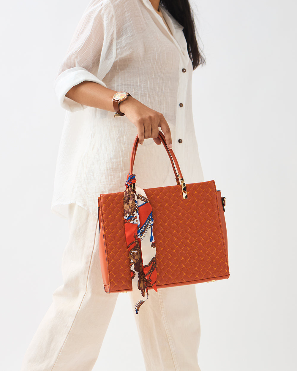 Brick Quilted Handbag with Scarf | Rust