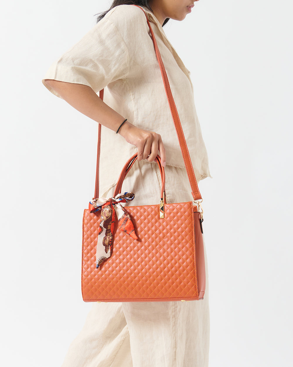 Brick Quilted Handbag with Scarf | Rust