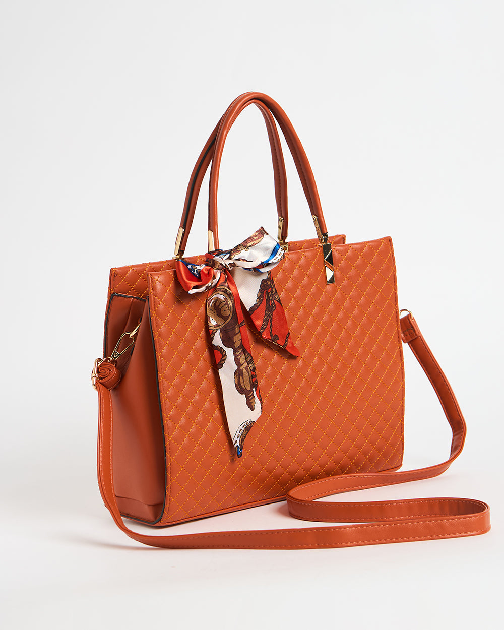 Brick Quilted Handbag with Scarf | Rust