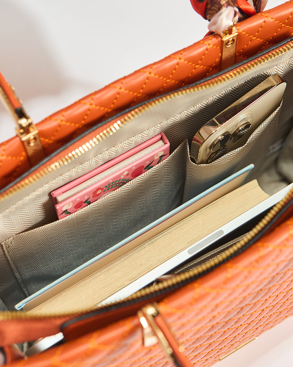 Brick Quilted Handbag with Scarf | Rust