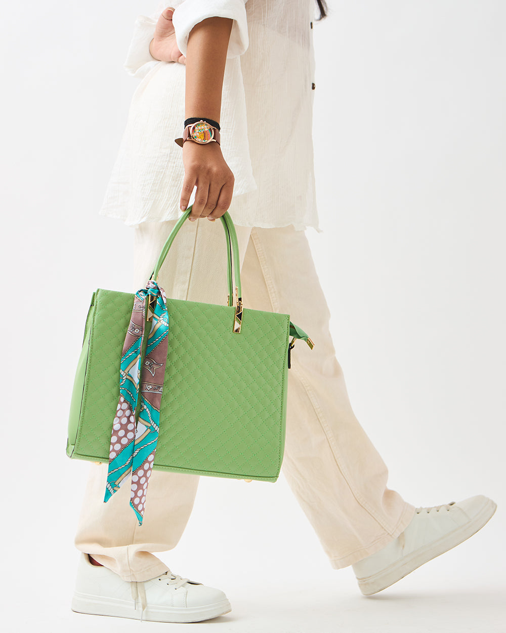 Sage Quilted Handbag with Scarf | Sage Green