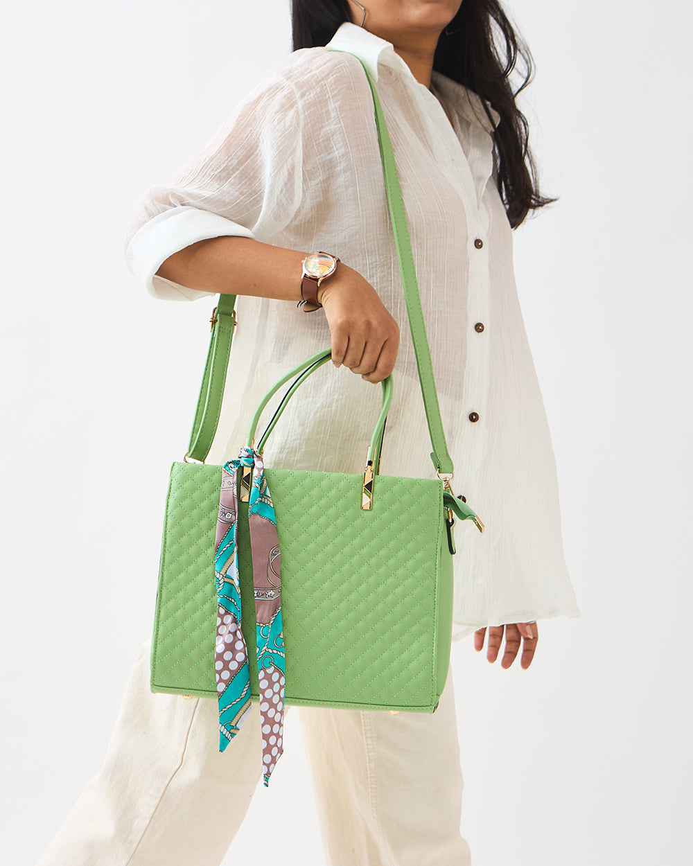 Sage Quilted Handbag with Scarf | Sage Green