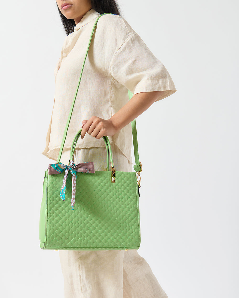 Sage Quilted Handbag with Scarf | Sage Green