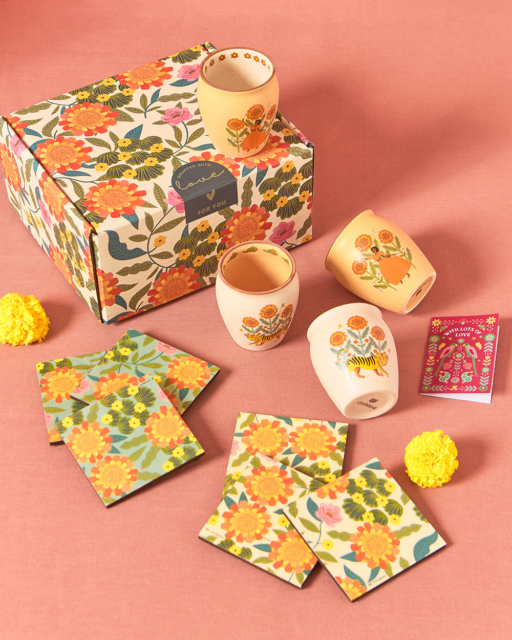 Marigold Kulhad & Coasters Gift Set