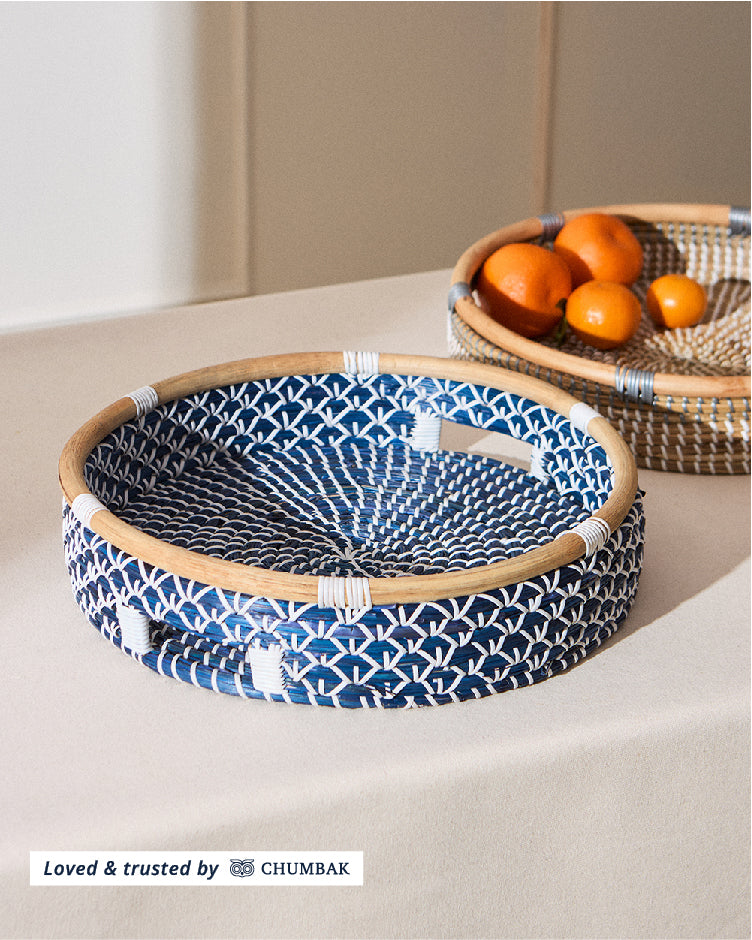 Bali Seagrass Tray, Blue - 40 cm