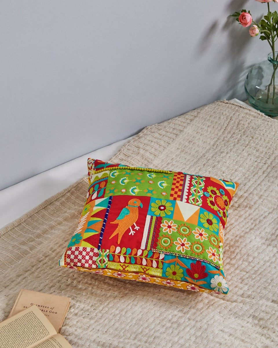 Chumbak Prints of Kutch Green & Pink Cushion Cover - Set of 1