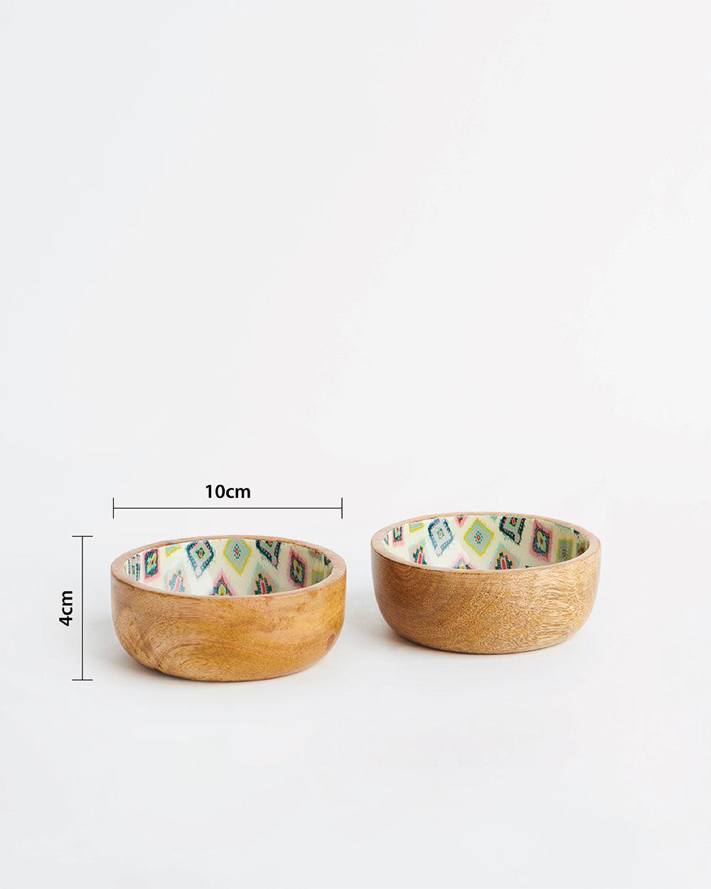 Chumbak Country Wooden Snack Bowls -Ikkat, set of 2, 4” x 1.5”