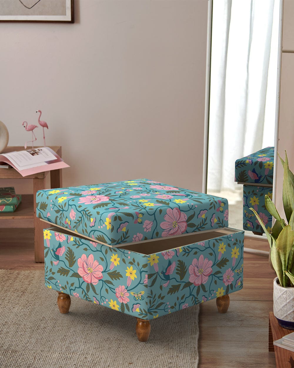 Chumbak Modern Trunk Storage Ottoman - Spring Bloom Teal